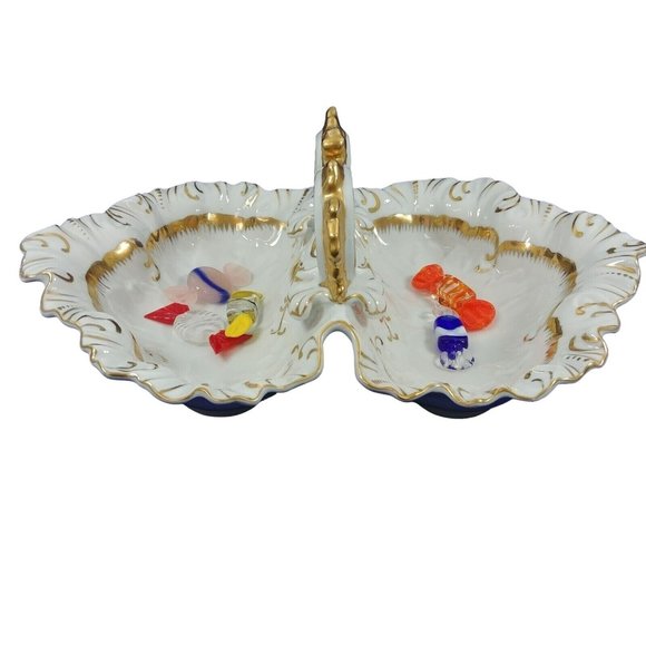 Divided Serving Dish w/ Center Handle Stamped #7608 Bright Gold Trim - Picture 10 of 12